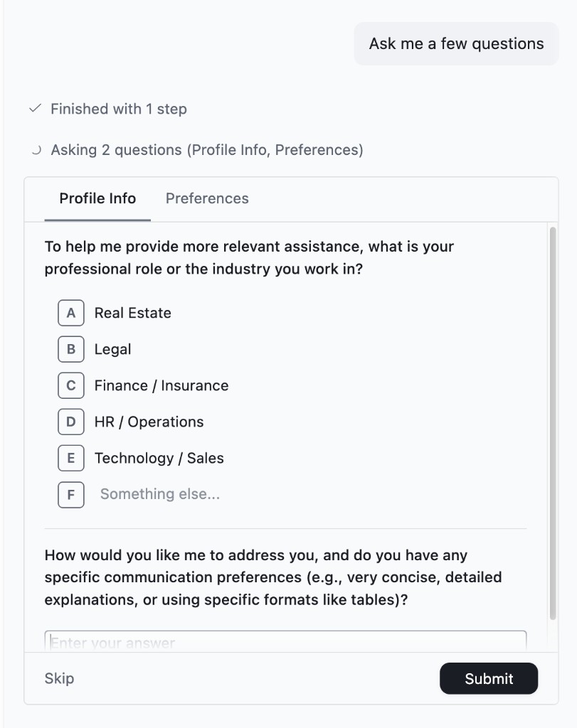 Redesigned question carousel with tab navigation